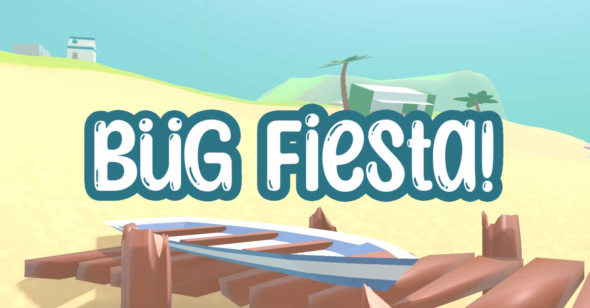 PresentaciÃ³n del videojuego Bug Fiesta!, con un fondo donde se aprecia una playa con un puerto y una barca encima, unas dunas de arena, un chiringuito y unos pequeÃ±os edificios con forma de brick de leche al fondo.
